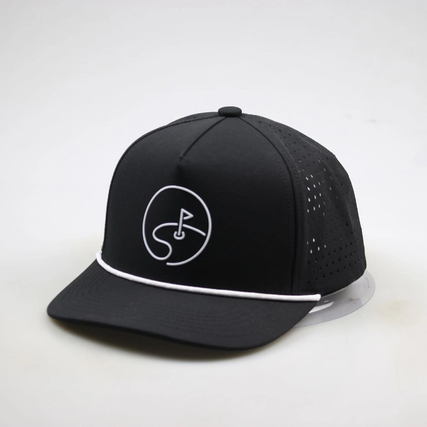 Black cap with white logo on a light gray background